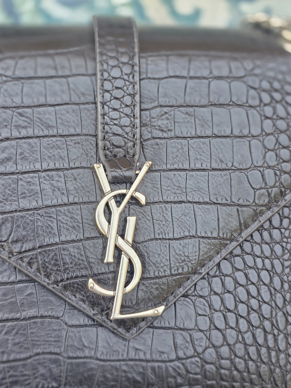 Saint Laurent Inspired Black Croc-Embossed Chain Shoulder Bag - Picture 12 of 14